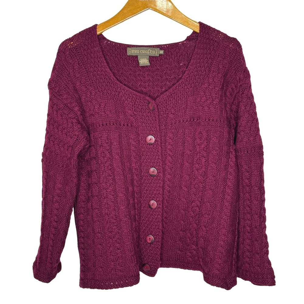 Inis‎ Crafts Irish Wool Cardigan Cable Knit Burgundy Small
